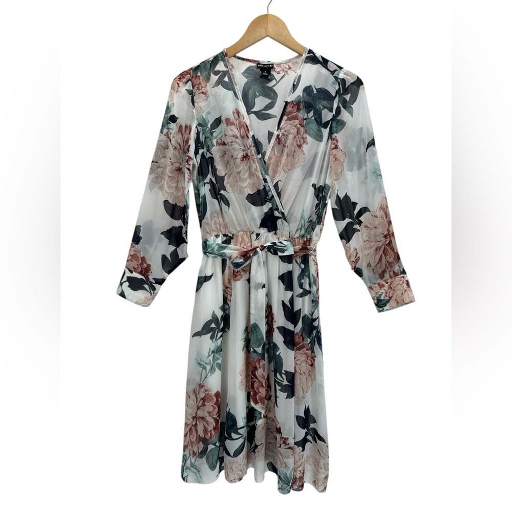 Kate & Lily Sheer Floral Faux Wrap Dress Belted Long Sleeve V-Neck